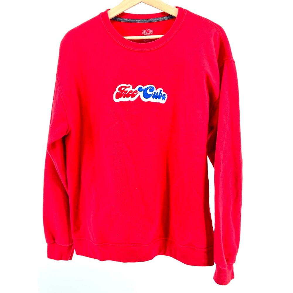Fruit of the Loom Red Embroidered Free Cuba Protest Graphic Sweatshirt